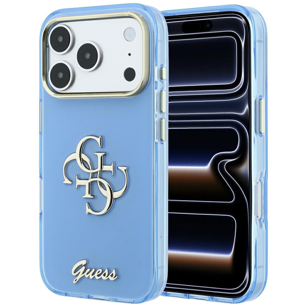 Hoesje voor Apple iPhone 18 Pro / 17 Pro, Guess, IML 4G Metal Script, Blauw