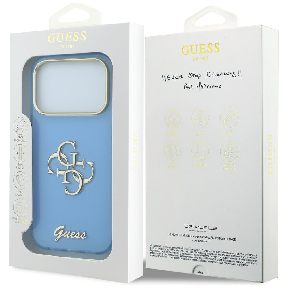 Hoesje voor Apple iPhone 18 Pro / 17 Pro, Guess, IML 4G Metal Script, Blauw