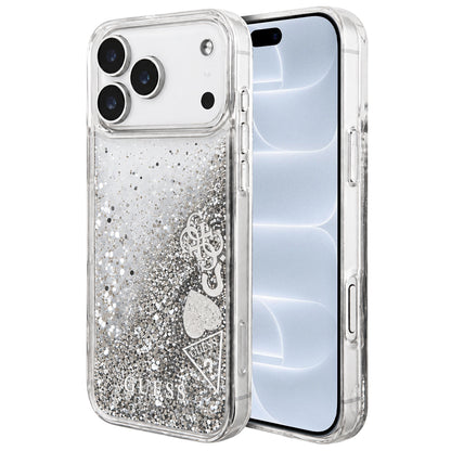 Hülle für Apple iPhone 18 Pro / 17 Pro, Guess, Liquid Glitter Charms, Silberfarben