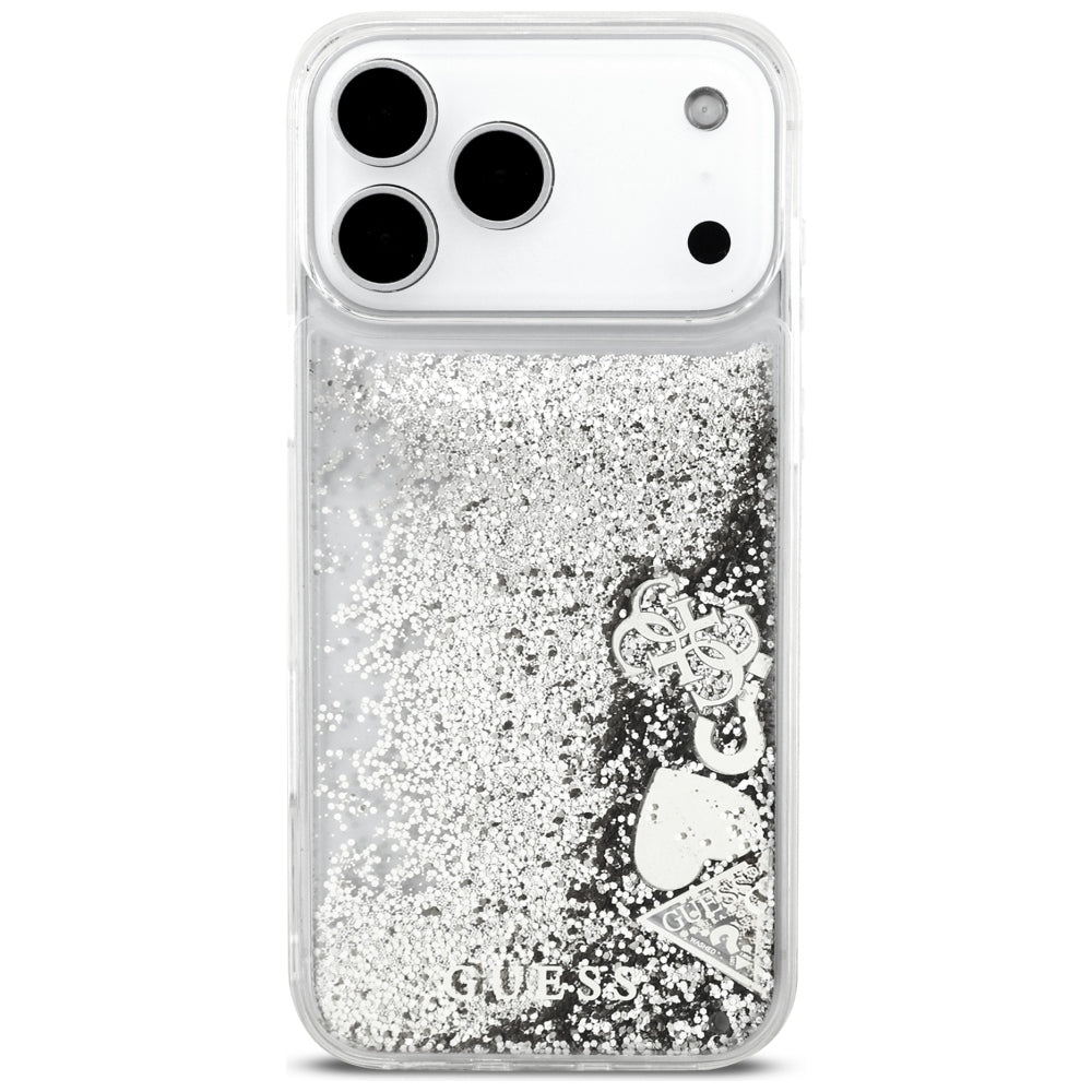 Hülle für Apple iPhone 18 Pro / 17 Pro, Guess, Liquid Glitter Charms, Silberfarben