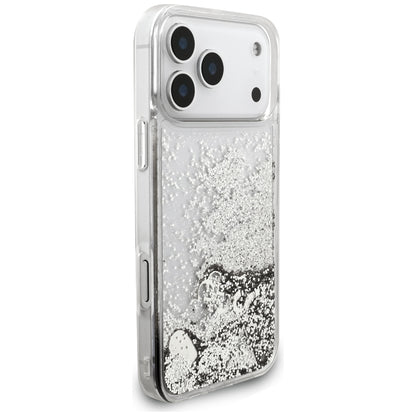 Hülle für Apple iPhone 18 Pro / 17 Pro, Guess, Liquid Glitter Charms, Silberfarben