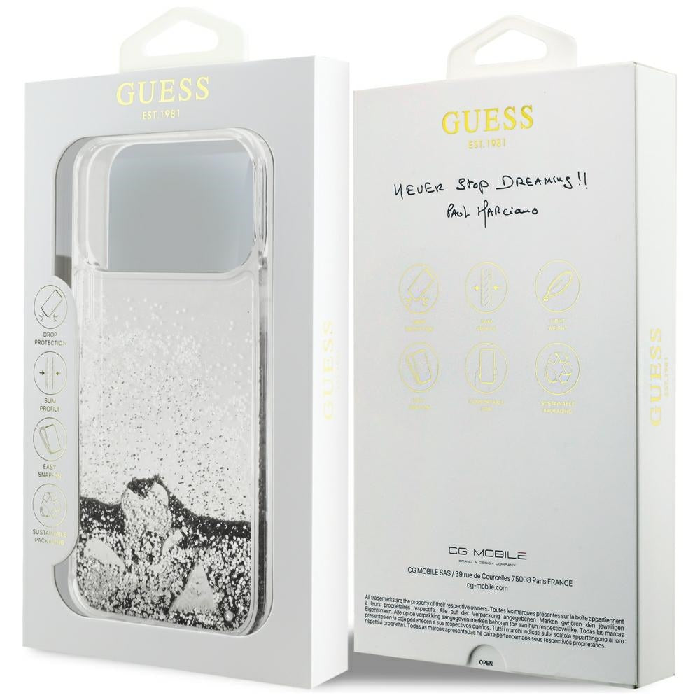 Hülle für Apple iPhone 18 Pro / 17 Pro, Guess, Liquid Glitter Charms, Silberfarben