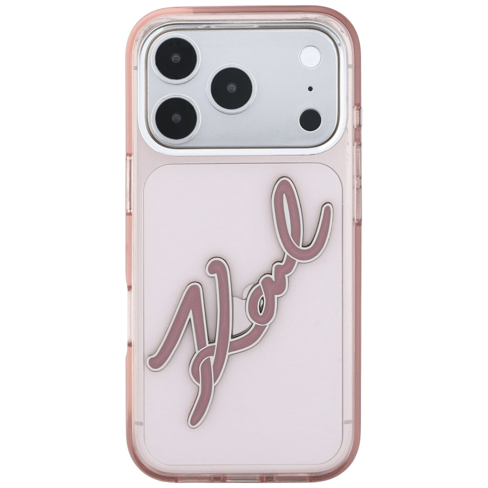 Hoesje voor Apple iPhone 18 Pro / 17 Pro, Karl Lagerfeld, IML Big Signature Resin Logo en Metalen Frame, Roze