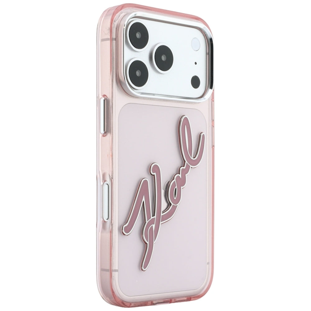 Hoesje voor Apple iPhone 18 Pro / 17 Pro, Karl Lagerfeld, IML Big Signature Resin Logo en Metalen Frame, Roze
