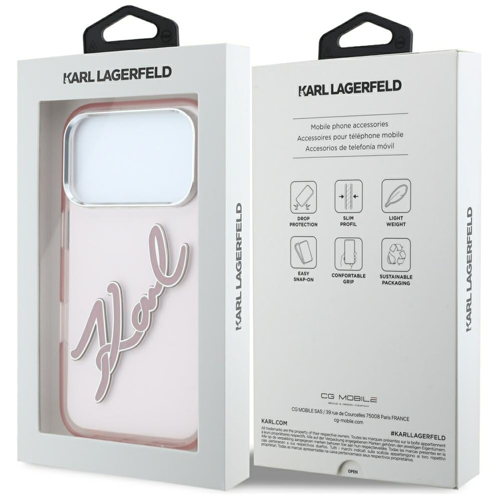 Hoesje voor Apple iPhone 18 Pro / 17 Pro, Karl Lagerfeld, IML Big Signature Resin Logo en Metalen Frame, Roze