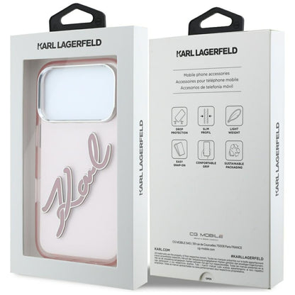 Hoesje voor Apple iPhone 18 Pro / 17 Pro, Karl Lagerfeld, IML Big Signature Resin Logo en Metalen Frame, Roze
