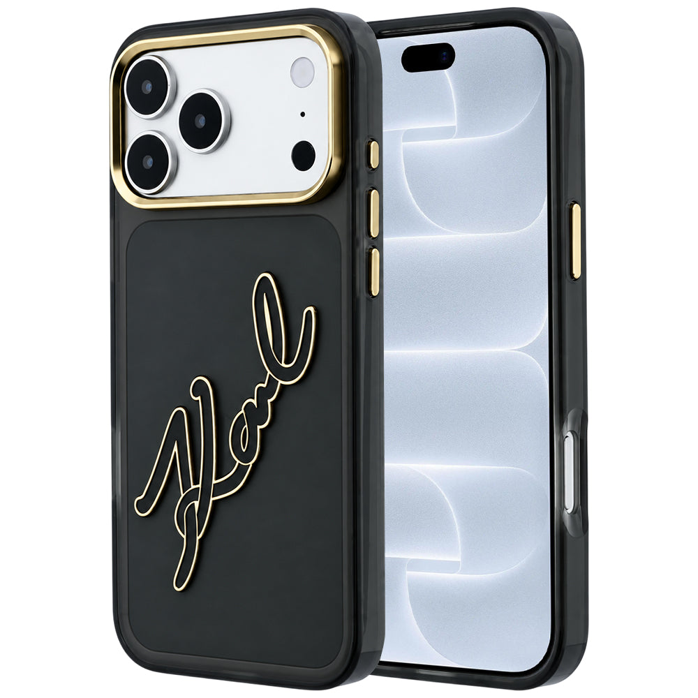 Hülle für Apple iPhone 18 Pro / 17 Pro, Karl Lagerfeld, IML Big Signature Resin Logo und Metallrahmen, Schwarz