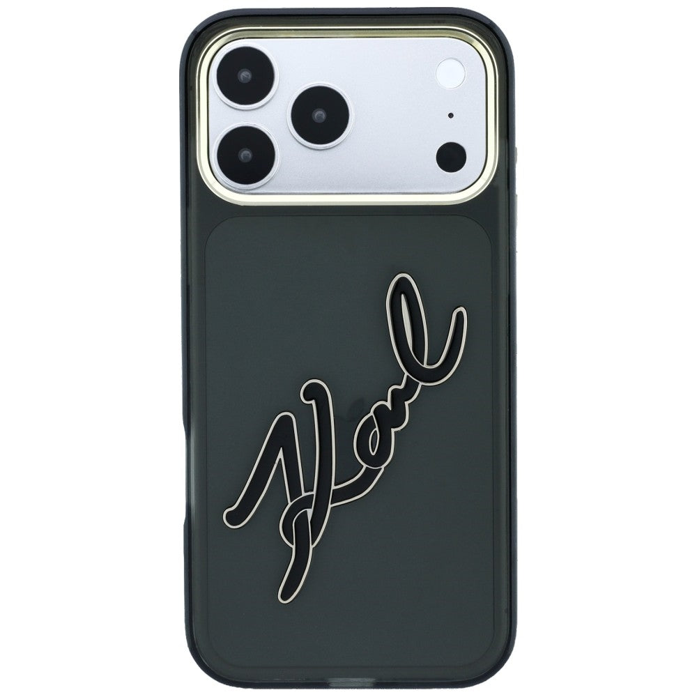 Hülle für Apple iPhone 18 Pro / 17 Pro, Karl Lagerfeld, IML Big Signature Resin Logo und Metallrahmen, Schwarz