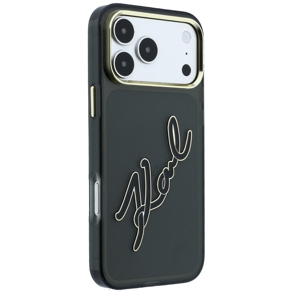 Hülle für Apple iPhone 18 Pro / 17 Pro, Karl Lagerfeld, IML Big Signature Resin Logo und Metallrahmen, Schwarz