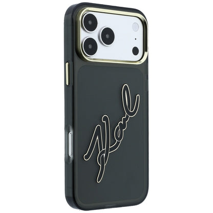 Hülle für Apple iPhone 18 Pro / 17 Pro, Karl Lagerfeld, IML Big Signature Resin Logo und Metallrahmen, Schwarz