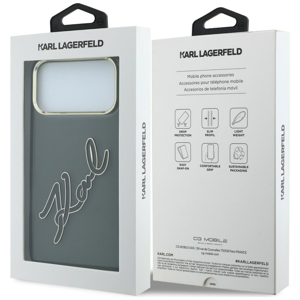Hülle für Apple iPhone 18 Pro / 17 Pro, Karl Lagerfeld, IML Big Signature Resin Logo und Metallrahmen, Schwarz