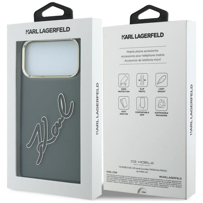 Hülle für Apple iPhone 18 Pro / 17 Pro, Karl Lagerfeld, IML Big Signature Resin Logo und Metallrahmen, Schwarz