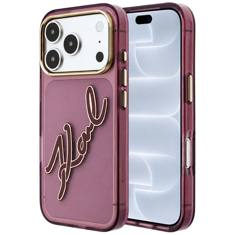 Coque pour Apple iPhone 18 Pro / 17 Pro, Karl Lagerfeld, Logo Résine IML Big Signature et Cadre Métallique, Bordeaux