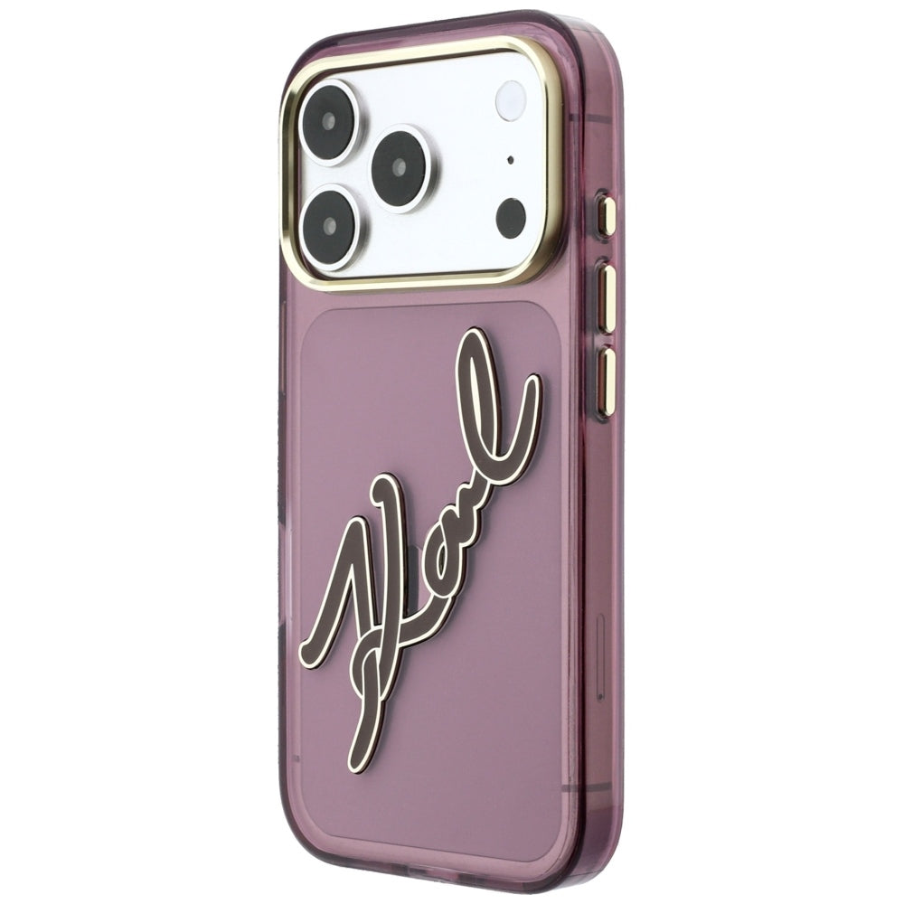 Coque pour Apple iPhone 18 Pro / 17 Pro, Karl Lagerfeld, Logo Résine IML Big Signature et Cadre Métallique, Bordeaux