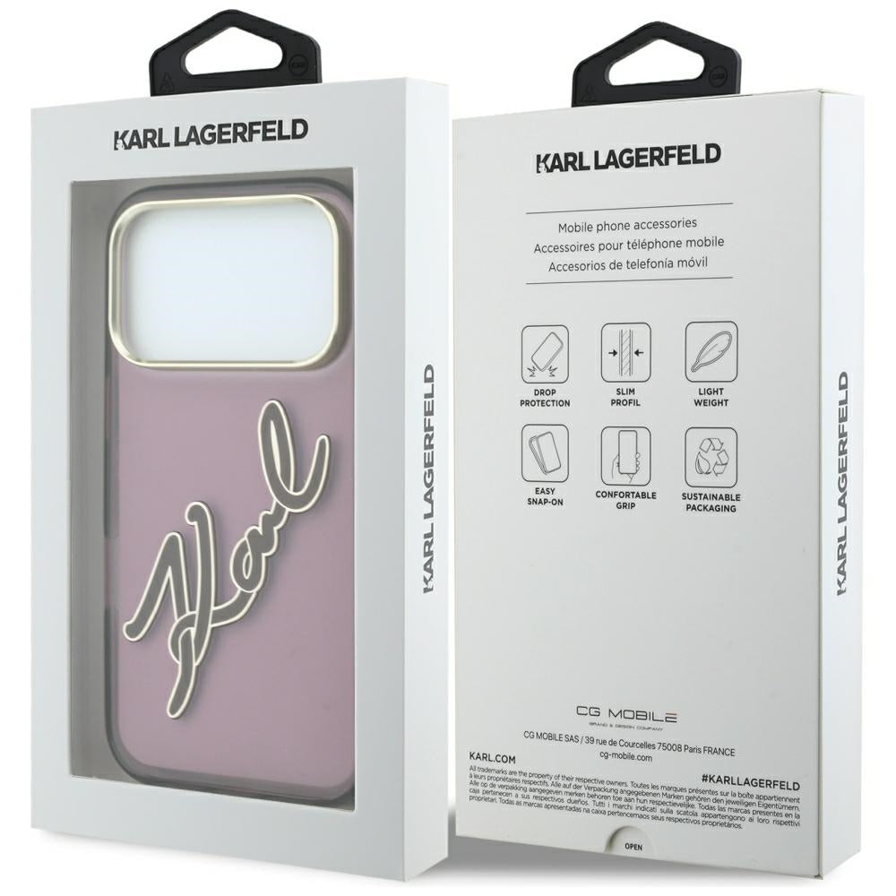 Coque pour Apple iPhone 18 Pro / 17 Pro, Karl Lagerfeld, Logo Résine IML Big Signature et Cadre Métallique, Bordeaux