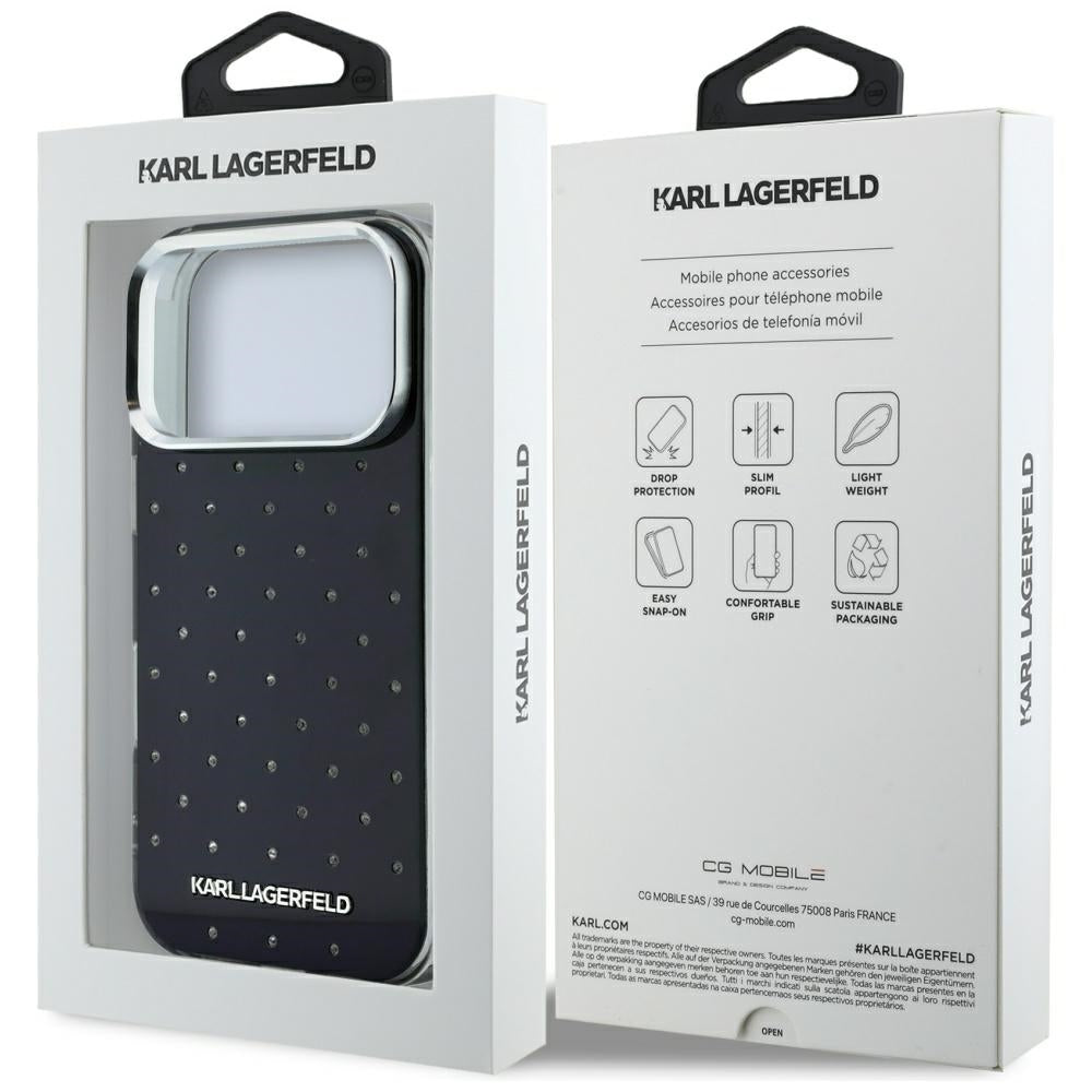 Case for Apple iPhone 18 Pro / 17 Pro, Karl Lagerfeld, IML Rhinestones and Electroplated Logo, Black