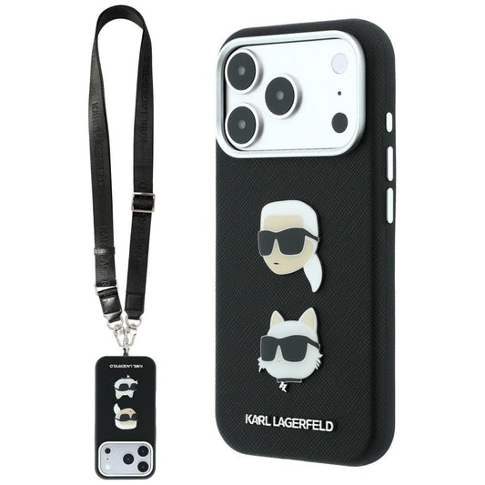 Coque pour Apple iPhone 18 Pro / 17 Pro, Karl Lagerfeld, Saffiano Crossbody avec logo Karl & Choupette Head's Pins, noire