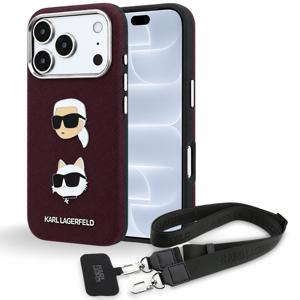 Hoesje voor Apple iPhone 18 Pro / 17 Pro, Karl Lagerfeld, Saffiano Crossbody Karl & Choupette Head's Pins Logo, bordeauxrood