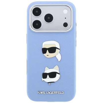Coque pour Apple iPhone 18 Pro / 17 Pro, Karl Lagerfeld, Saffiano avec épingle représentant les têtes de Karl et Choupette et logo, bleu