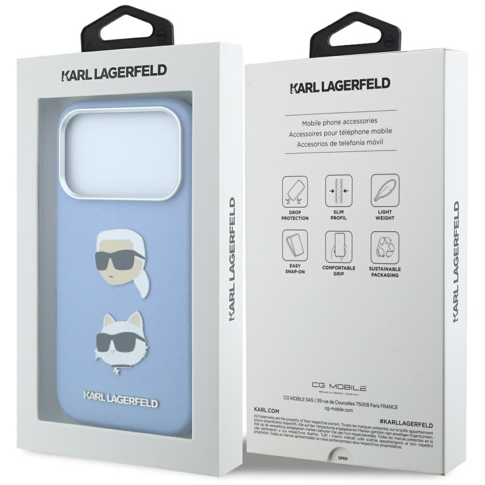 Coque pour Apple iPhone 18 Pro / 17 Pro, Karl Lagerfeld, Saffiano avec épingle représentant les têtes de Karl et Choupette et logo, bleu