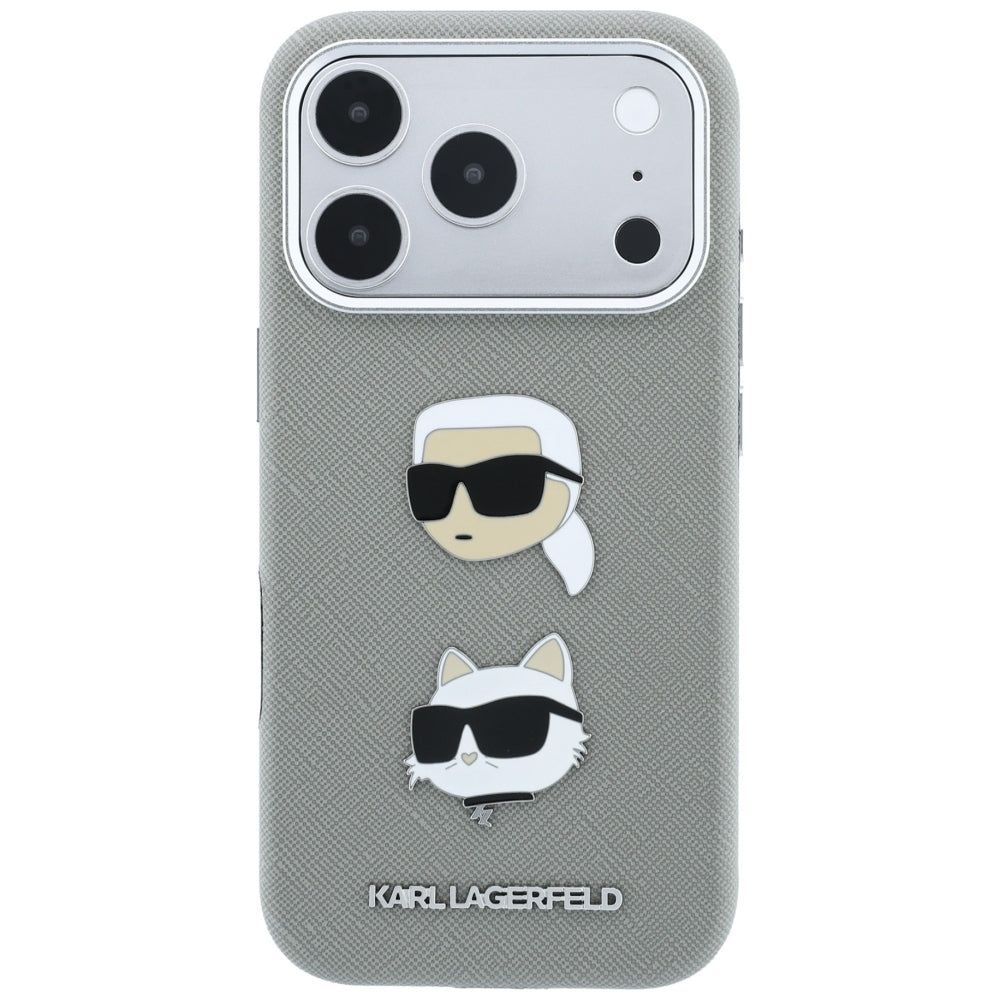 Hoesje voor Apple iPhone 18 Pro / 17 Pro, Karl Lagerfeld, Saffiano met Karl & Choupette Head's Pin en logo, grijs