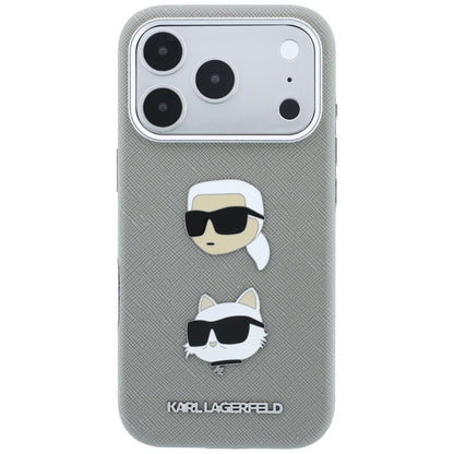 Hoesje voor Apple iPhone 18 Pro / 17 Pro, Karl Lagerfeld, Saffiano met Karl & Choupette Head's Pin en logo, grijs
