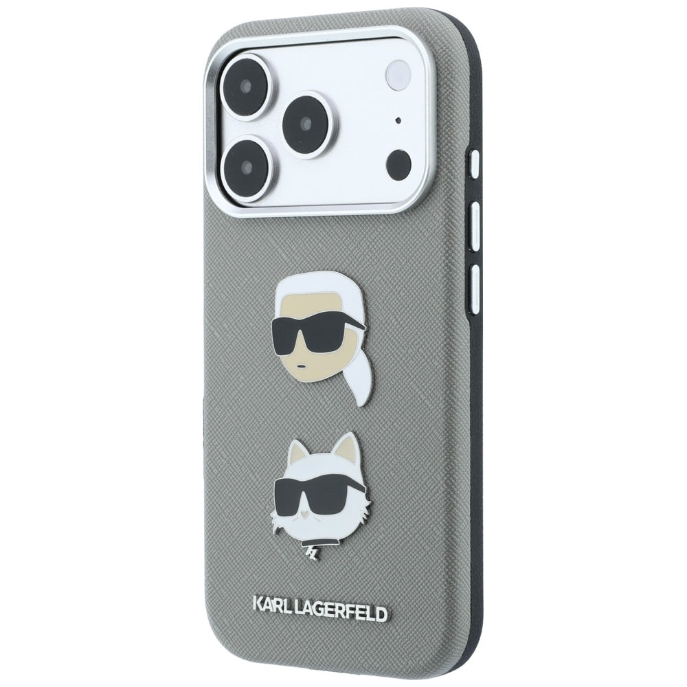 Hoesje voor Apple iPhone 18 Pro / 17 Pro, Karl Lagerfeld, Saffiano met Karl & Choupette Head's Pin en logo, grijs