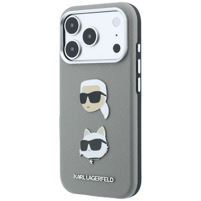 Hoesje voor Apple iPhone 18 Pro / 17 Pro, Karl Lagerfeld, Saffiano met Karl & Choupette Head's Pin en logo, grijs