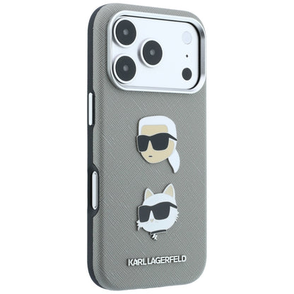Hoesje voor Apple iPhone 18 Pro / 17 Pro, Karl Lagerfeld, Saffiano met Karl & Choupette Head's Pin en logo, grijs