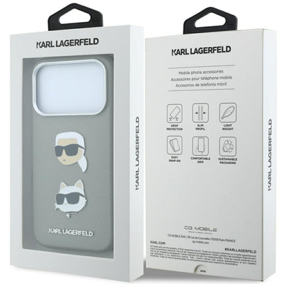 Hoesje voor Apple iPhone 18 Pro / 17 Pro, Karl Lagerfeld, Saffiano met Karl & Choupette Head's Pin en logo, grijs