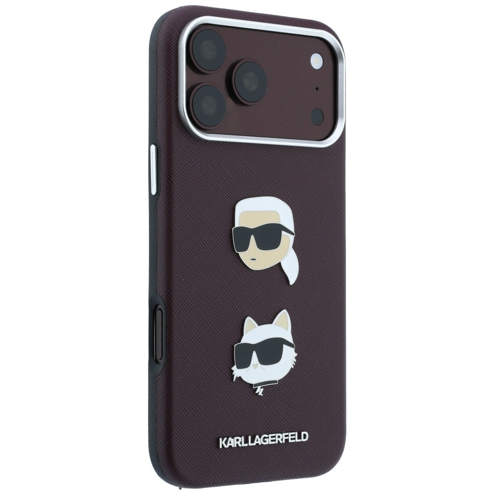 Hoes voor Apple iPhone 18 Pro / 17 Pro, Karl Lagerfeld, Saffiano met Karl & Choupette Head's Pin en Logo, Bordeauxrood