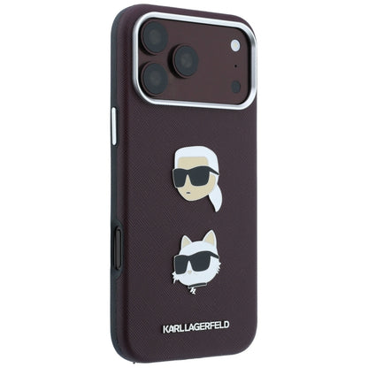 Hoes voor Apple iPhone 18 Pro / 17 Pro, Karl Lagerfeld, Saffiano met Karl & Choupette Head's Pin en Logo, Bordeauxrood