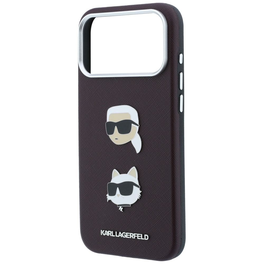Hoes voor Apple iPhone 18 Pro / 17 Pro, Karl Lagerfeld, Saffiano met Karl & Choupette Head's Pin en Logo, Bordeauxrood