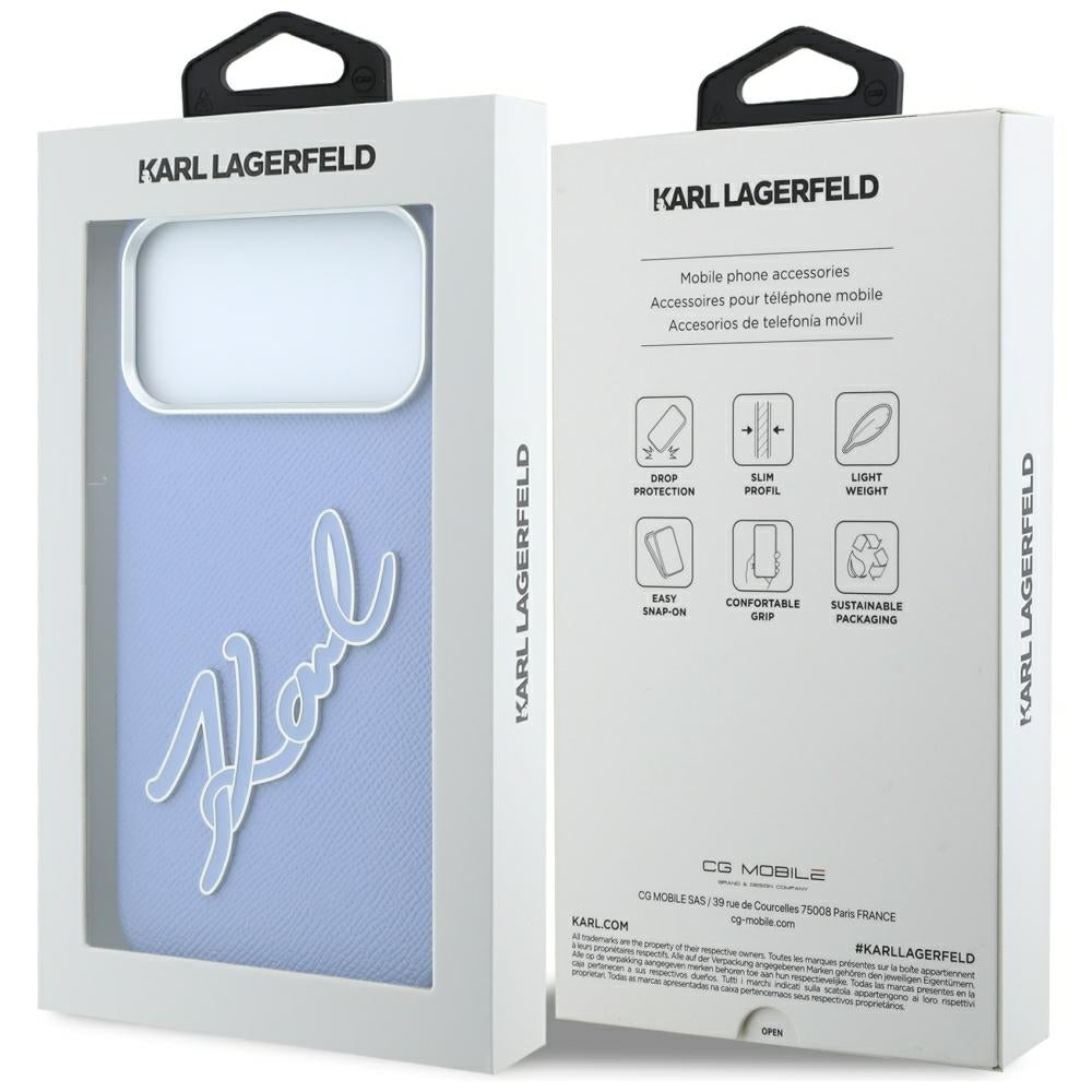 Hülle für Apple iPhone 18 Pro / 17 Pro, Karl Lagerfeld, glattes großes Harz-Signatur-Logo, Blau