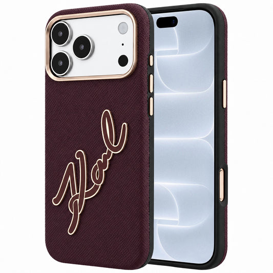 Hülle für Apple iPhone 18 Pro / 17 Pro, Karl Lagerfeld, glattes großes Harz-Signatur-Logo, Weinrot
