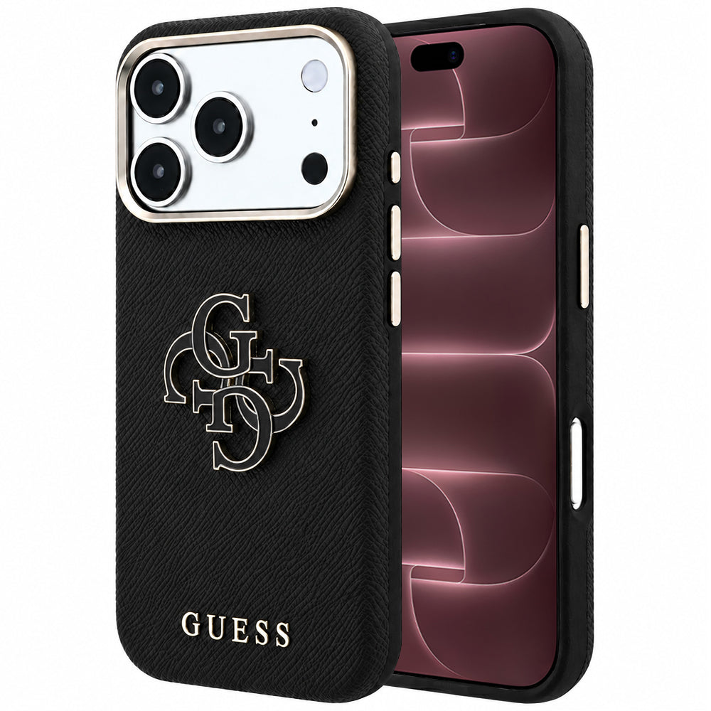 Coque pour Apple iPhone 18 Pro Max / 17 Pro Max, Guess, Grand Logo en Résine Grainée, Noire