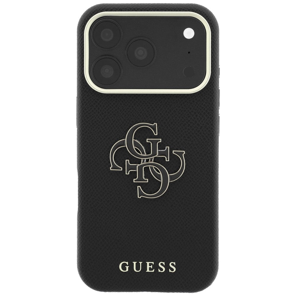 Coque pour Apple iPhone 18 Pro Max / 17 Pro Max, Guess, Grand Logo en Résine Grainée, Noire
