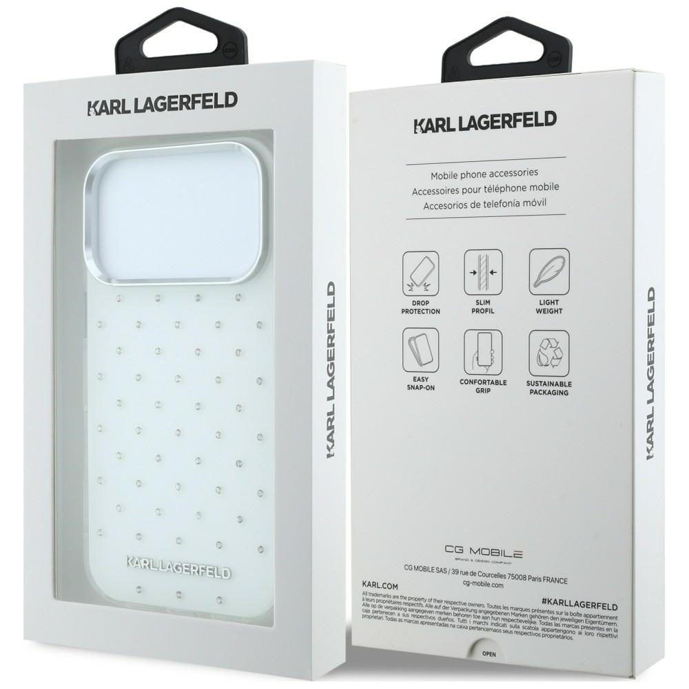 Case for Apple iPhone 18 Pro Max / 17 Pro Max, Karl Lagerfeld, IML Rhinestones and Electroplated Logo, White