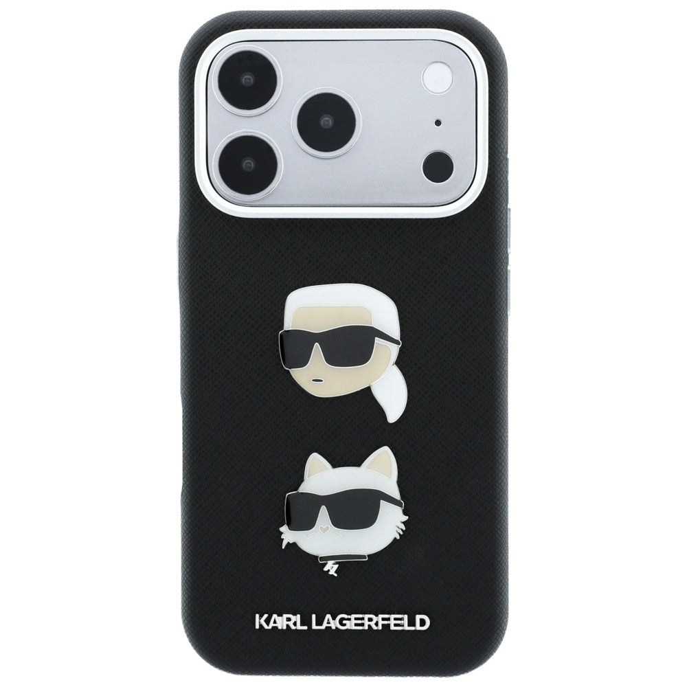 Coque pour Apple iPhone 18 Pro Max / 17 Pro Max, Karl Lagerfeld, Saffiano Crossbody Karl & Choupette Head's Pins Logo, noire