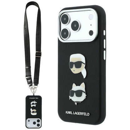Coque pour Apple iPhone 18 Pro Max / 17 Pro Max, Karl Lagerfeld, Saffiano Crossbody Karl & Choupette Head's Pins Logo, noire