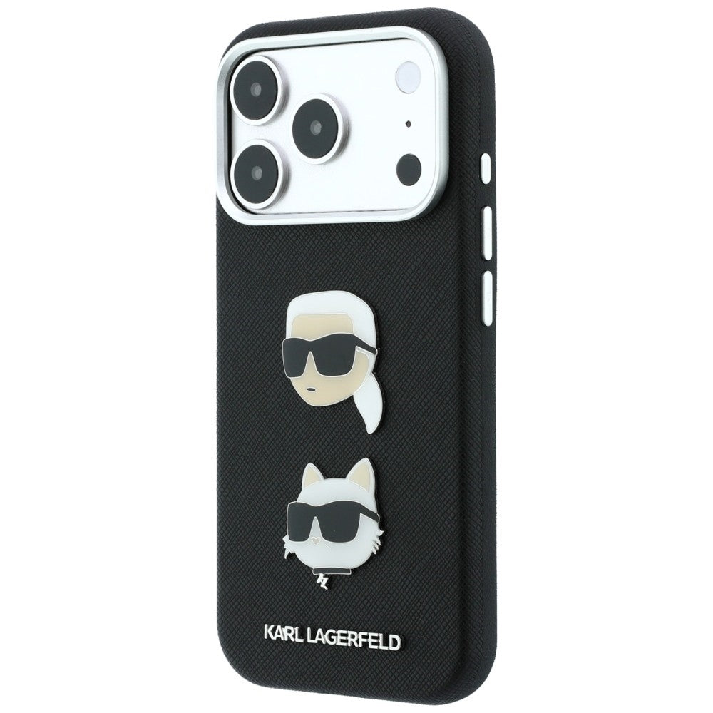 Coque pour Apple iPhone 18 Pro Max / 17 Pro Max, Karl Lagerfeld, Saffiano Crossbody Karl & Choupette Head's Pins Logo, noire