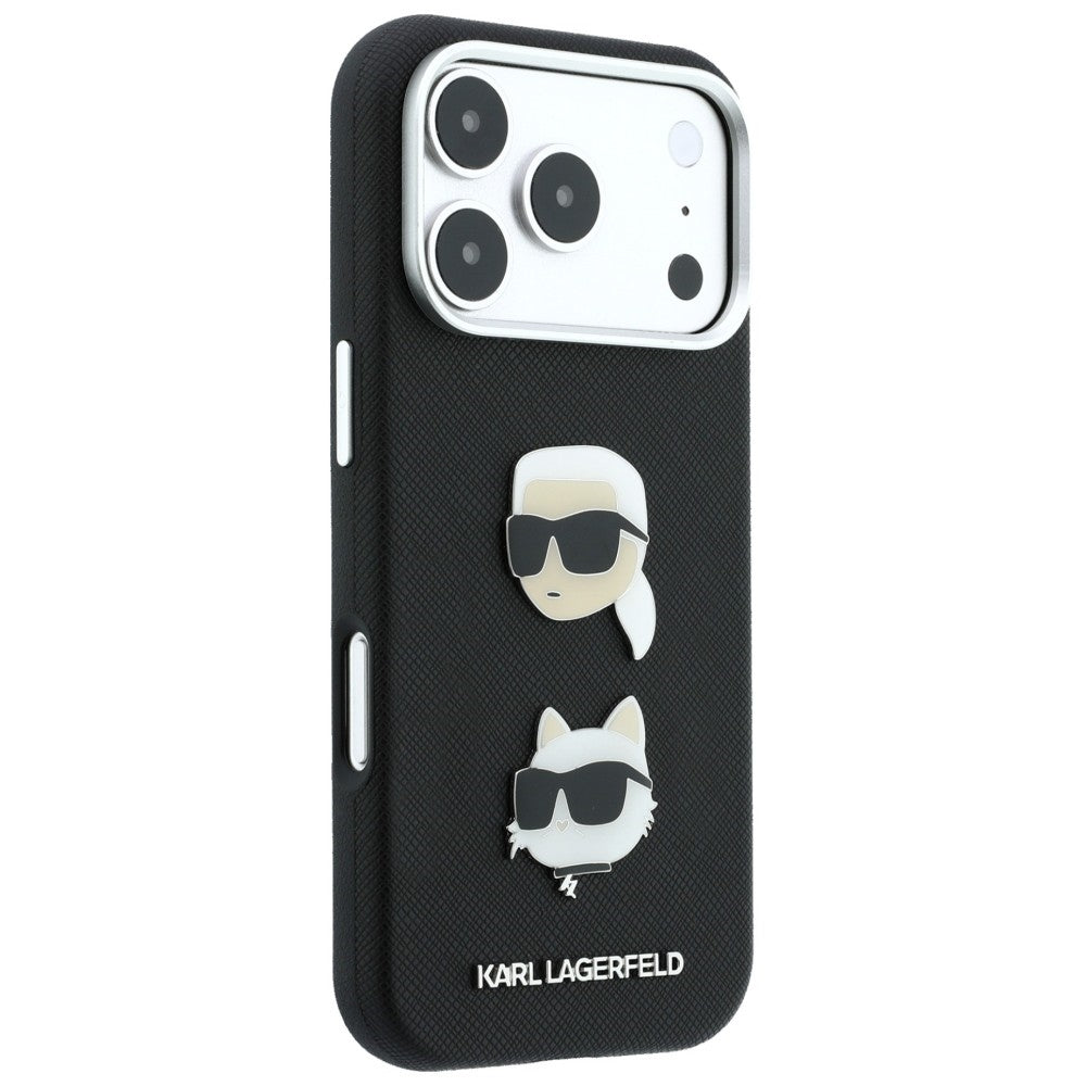 Coque pour Apple iPhone 18 Pro Max / 17 Pro Max, Karl Lagerfeld, Saffiano Crossbody Karl & Choupette Head's Pins Logo, noire