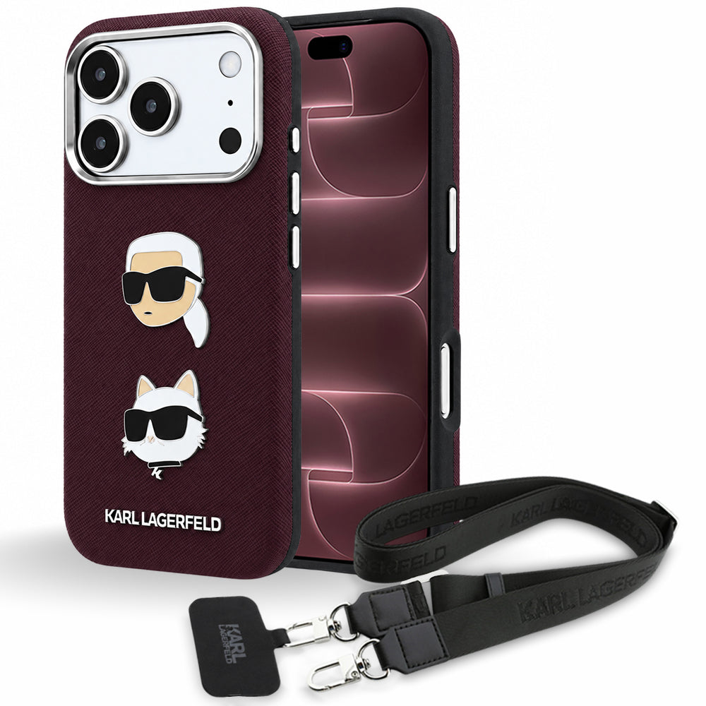 Étui pour Apple iPhone 18 Pro Max / 17 Pro Max, Karl Lagerfeld, Saffiano Crossbody Karl & Choupette Head's Pins Logo, bordeaux