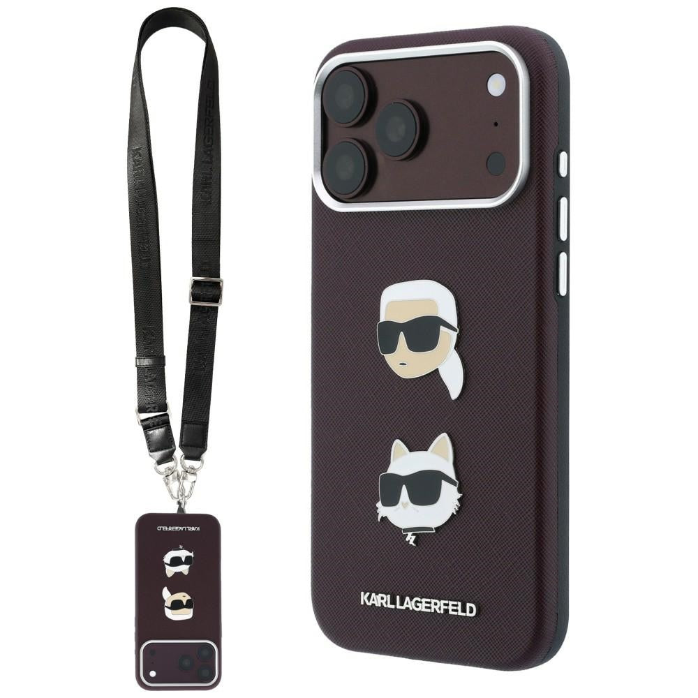 Étui pour Apple iPhone 18 Pro Max / 17 Pro Max, Karl Lagerfeld, Saffiano Crossbody Karl & Choupette Head's Pins Logo, bordeaux