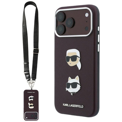 Étui pour Apple iPhone 18 Pro Max / 17 Pro Max, Karl Lagerfeld, Saffiano Crossbody Karl & Choupette Head's Pins Logo, bordeaux