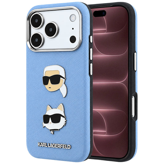 Hoes voor Apple iPhone 18 Pro Max / 17 Pro Max, Karl Lagerfeld, Saffiano met Karl & Choupette Head's Pin en Logo, Blauw