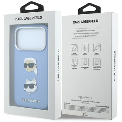 Coque pour Apple iPhone 18 Pro Max / 17 Pro Max, Karl Lagerfeld, Saffiano avec épingle tête Karl & Choupette et logo, Bleu