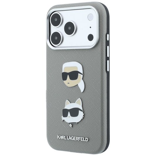 Hoesje voor Apple iPhone 18 Pro Max / 17 Pro Max, Karl Lagerfeld, Saffiano met Karl & Choupette Head's Pin en logo, grijs