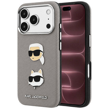 Hoesje voor Apple iPhone 18 Pro Max / 17 Pro Max, Karl Lagerfeld, Saffiano met Karl & Choupette Head's Pin en logo, grijs