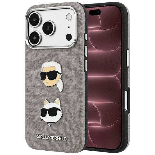 Hoesje voor Apple iPhone 18 Pro Max / 17 Pro Max, Karl Lagerfeld, Saffiano met Karl & Choupette Head's Pin en logo, grijs